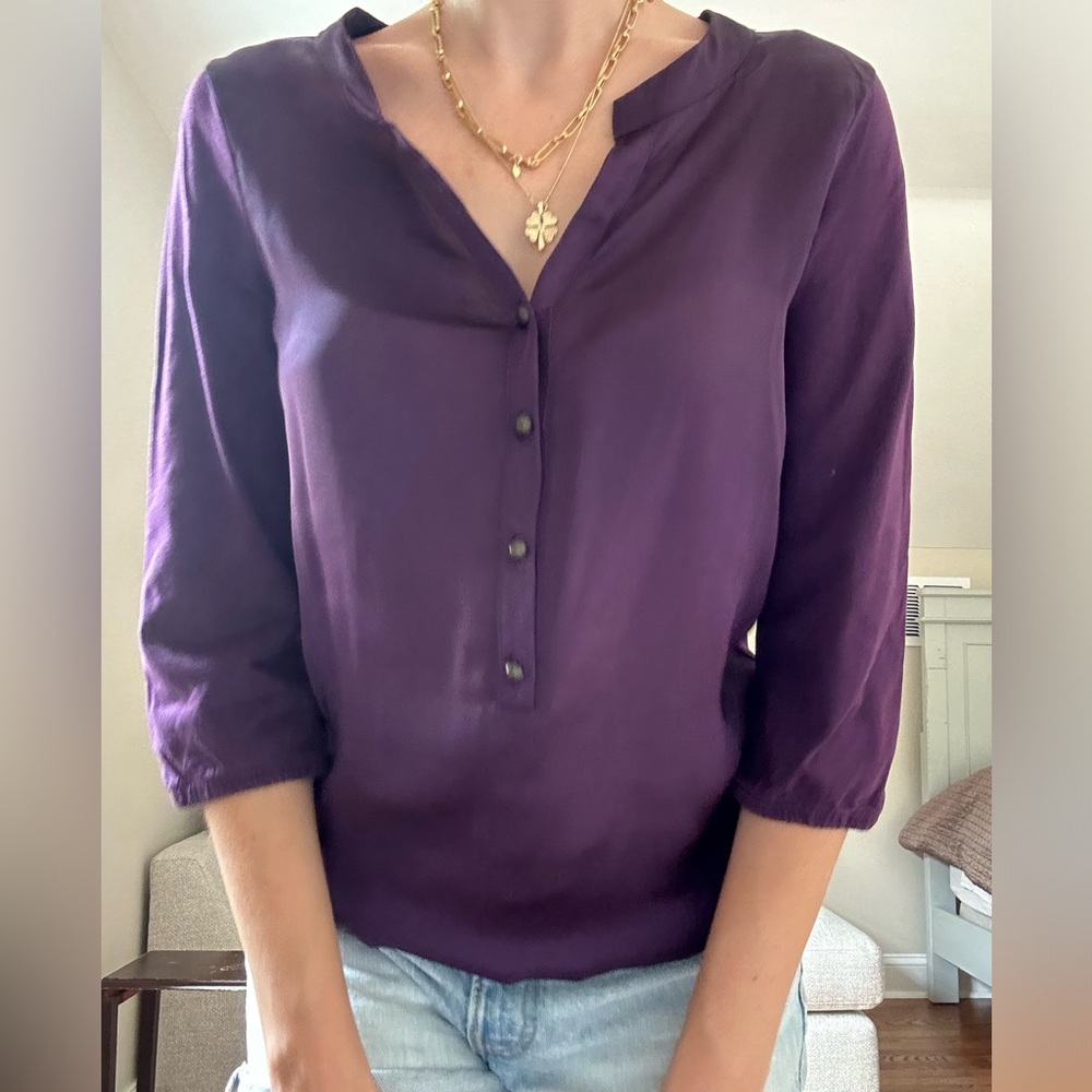 Milton Cotton and Silk Purple Half Sleeve Front Button Blouse Shirt